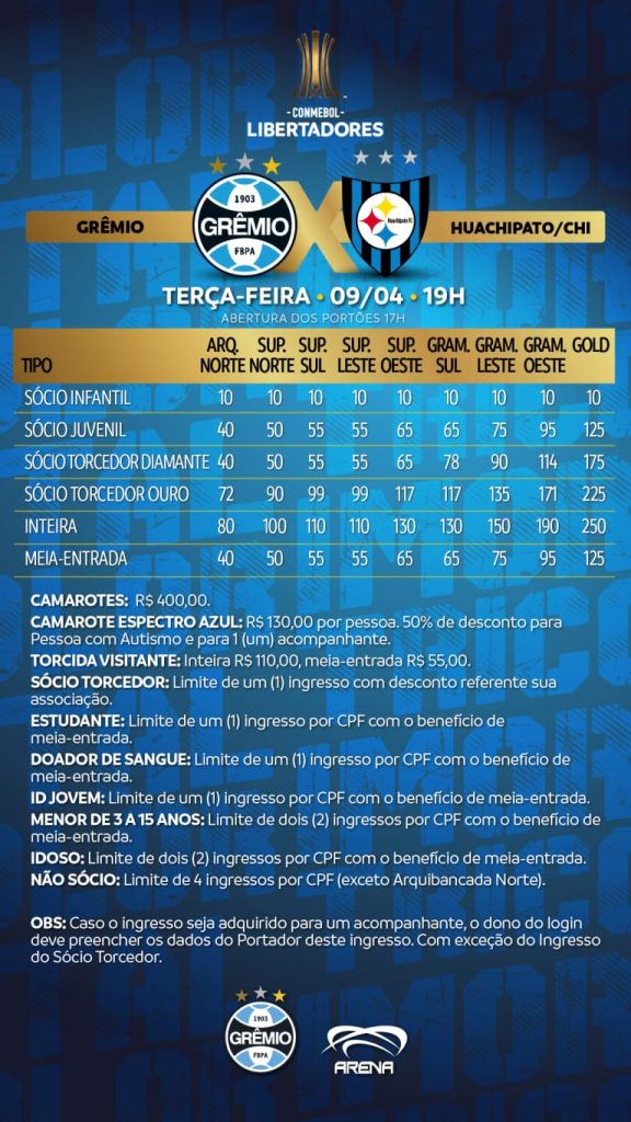 Venda de ingressos para Grêmio x Huachipato