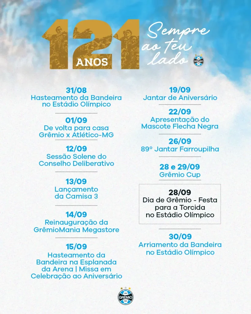 Grêmio celebra 121 anos com eventos no Estádio Olímpico 